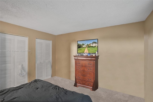 unfurnished bedroom featuring a textured ceiling, carpet, and multiple closets