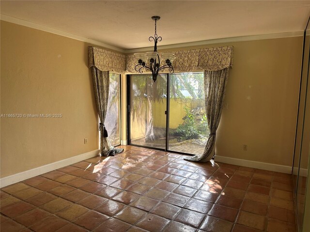 empty room with crown molding, lofted ceiling, light tile patterned flooring, and wood walls