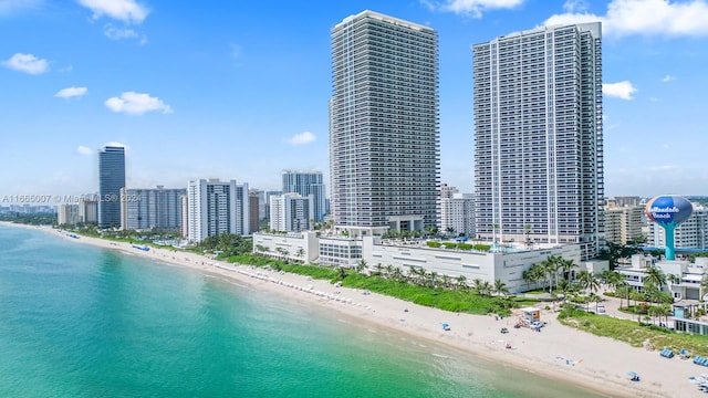 drone / aerial view with a water view and a beach view