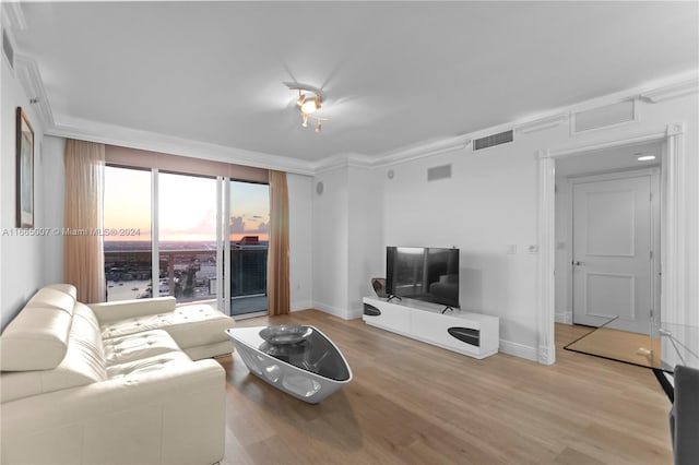 living room with light hardwood / wood-style floors and ornamental molding