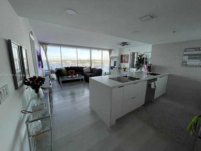 kitchen with white cabinets, light hardwood / wood-style flooring, black electric stovetop, stainless steel dishwasher, and sink