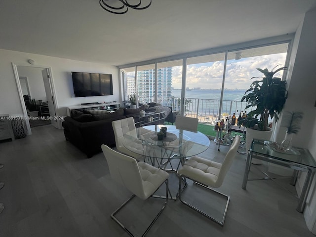 dining area with floor to ceiling windows and hardwood / wood-style floors