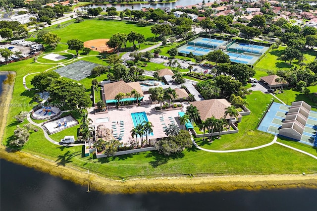 drone / aerial view featuring a water view