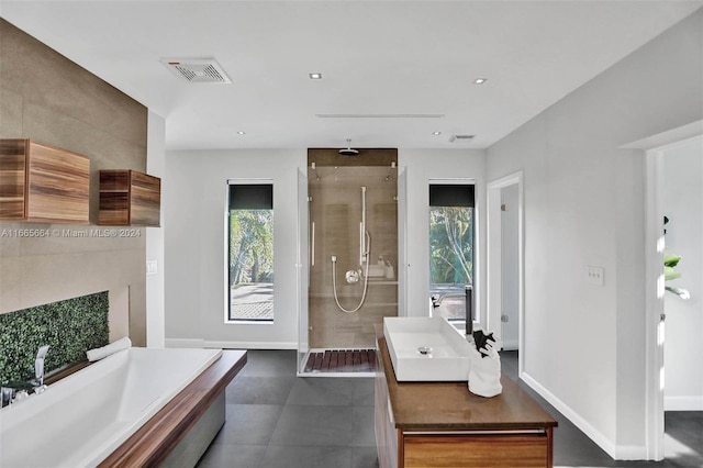 bathroom featuring vanity, plenty of natural light, and an enclosed shower