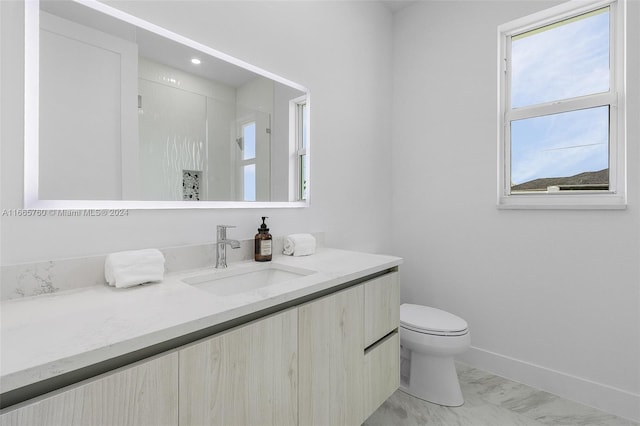 bathroom featuring a shower, vanity, and toilet