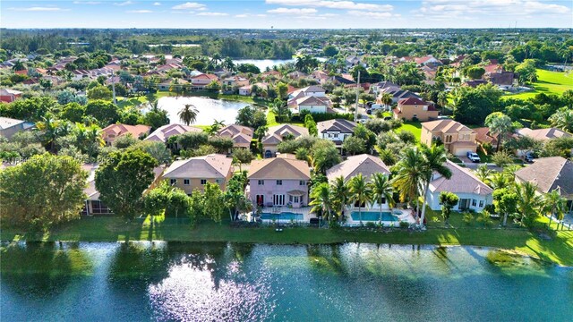 bird's eye view with a water view