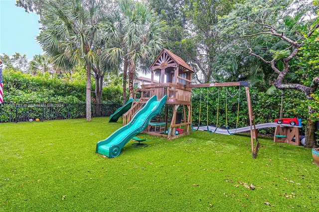 view of jungle gym featuring a yard