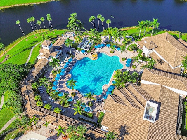 aerial view featuring a water view