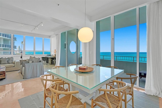 dining area with a water view and rail lighting