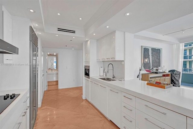 kitchen with white cabinets, a tray ceiling, sink, and black electric stovetop