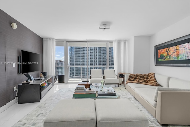 tiled living room with expansive windows