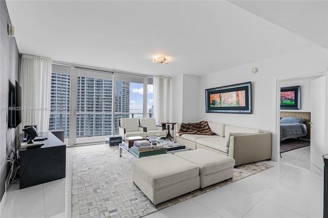 tiled living room featuring expansive windows