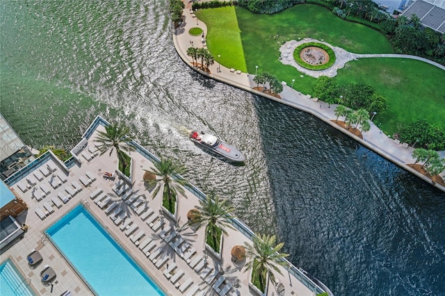 aerial view featuring a water view