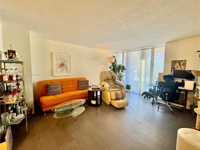 living room with floor to ceiling windows and a textured ceiling