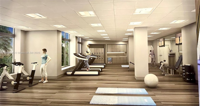 exercise room featuring dark wood-type flooring and a drop ceiling