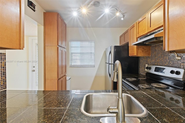 kitchen with rail lighting, sink, electric range, and decorative backsplash