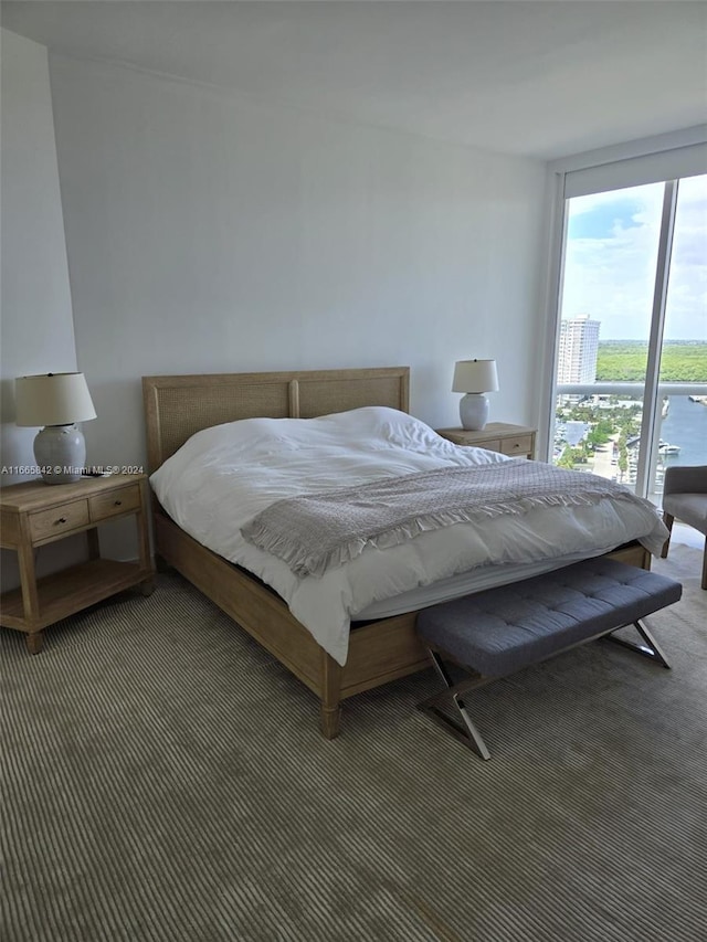 bedroom with dark colored carpet