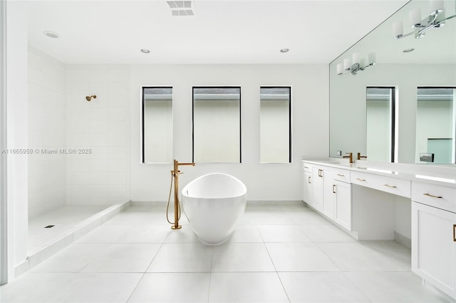 8095 Crystal Downs Ave, Boca Raton, FL 33434 - full bathroom featuring vanity, a tile shower, a soaking tub, tile patterned floors, and recessed lighting