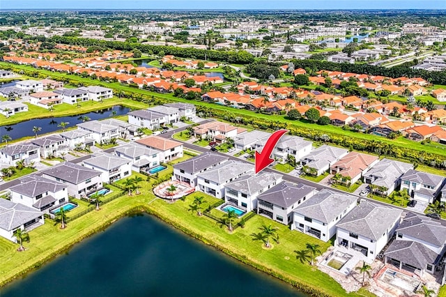 drone / aerial view featuring a water view