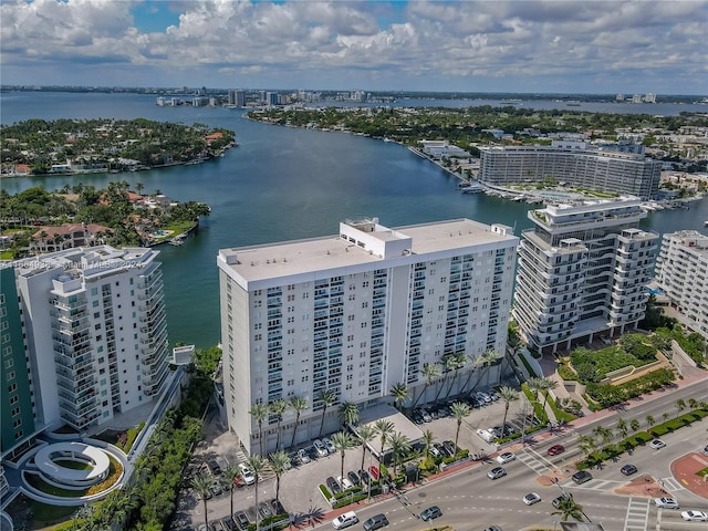 bird's eye view with a water view