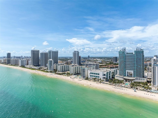 bird's eye view with a water view and a view of the beach