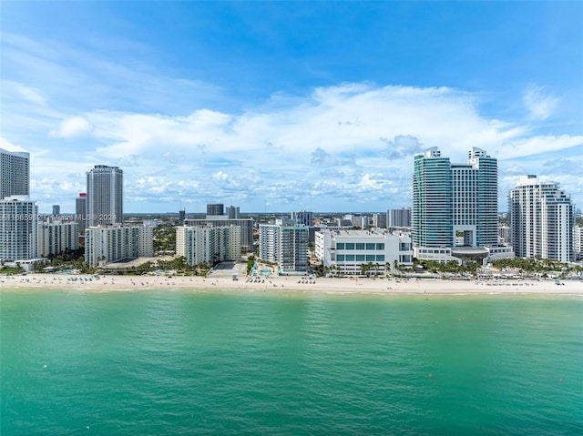 aerial view featuring a water view and a view of the beach