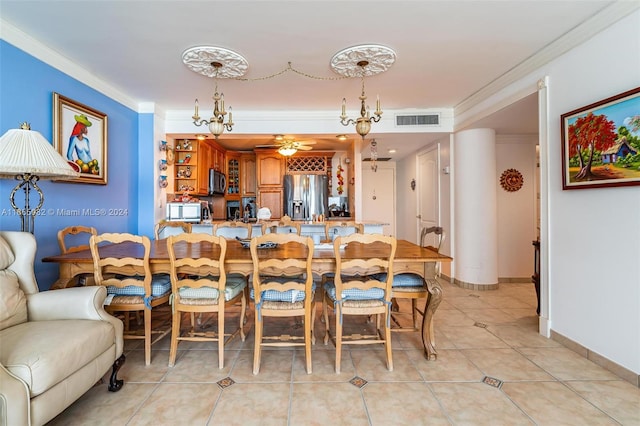 dining room with ornamental molding, light tile patterned flooring, and ceiling fan with notable chandelier