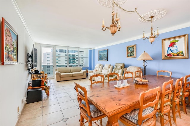 dining area featuring a chandelier, crown molding, floor to ceiling windows, and light tile patterned floors