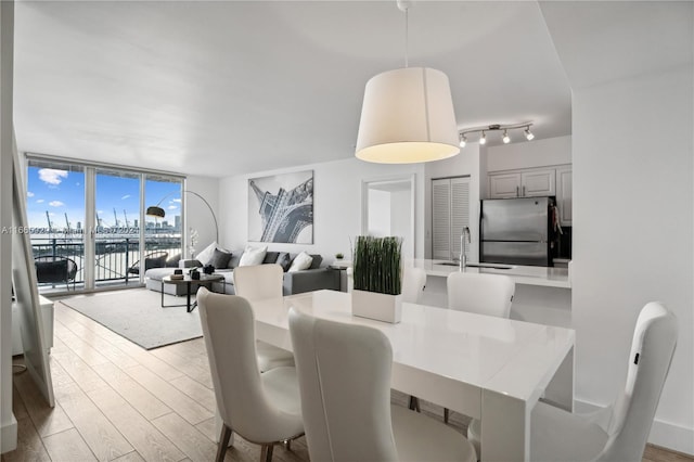 dining space featuring track lighting, sink, floor to ceiling windows, light hardwood / wood-style flooring, and a water view