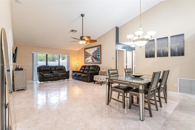 7037 Marlberry Ln, Tamarac, FL 33321 - dining area with high vaulted ceiling, visible vents, and ceiling fan with notable chandelier