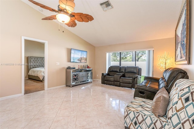 7037 Marlberry Ln, Tamarac, FL 33321 - living room with visible vents, baseboards, lofted ceiling, and ceiling fan