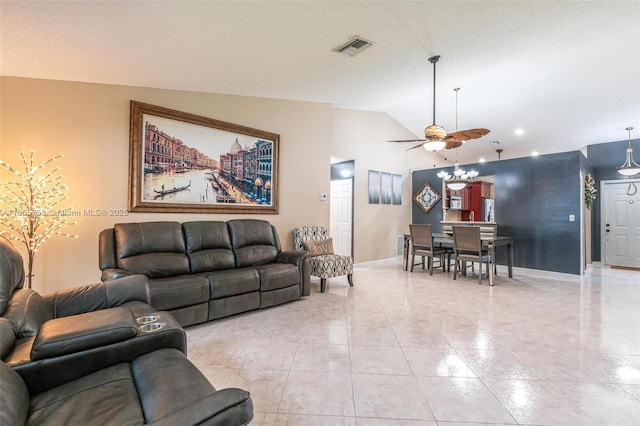 7037 Marlberry Ln, Tamarac, FL 33321 - living room featuring lofted ceiling, baseboards, light tile patterned floors, visible vents, and ceiling fan with notable chandelier