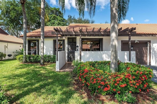 7037 Marlberry Ln, Tamarac, FL 33321 - view of front of house featuring an attached garage, stucco siding, a pergola, a front lawn, and a tiled roof
