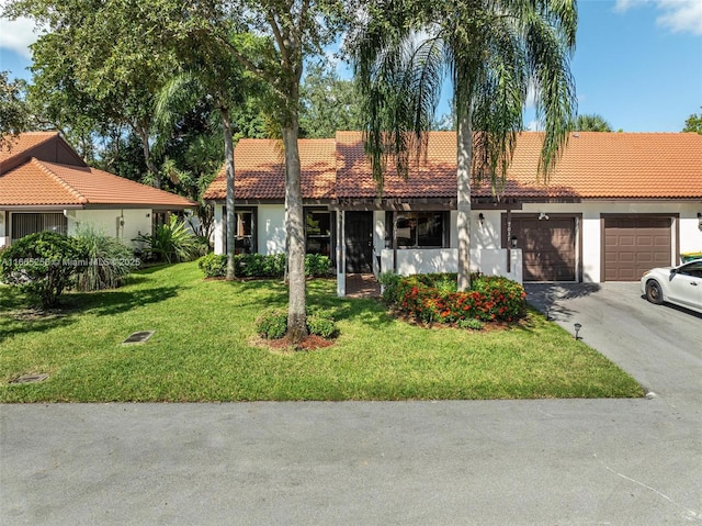 7037 Marlberry Ln, Tamarac, FL 33321 - view of front of property with a garage, a tiled roof, stucco siding, aphalt driveway, and a front lawn