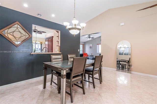 7037 Marlberry Ln, Tamarac, FL 33321 - dining space featuring lofted ceiling, recessed lighting, baseboards, visible vents, and ceiling fan with notable chandelier