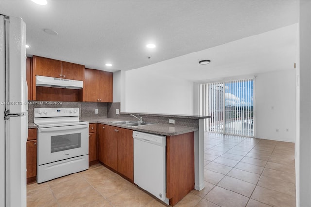 kitchen featuring white appliances, sink, backsplash, kitchen peninsula, and light tile patterned floors