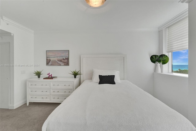 carpeted bedroom featuring crown molding