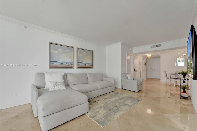 living room featuring crown molding