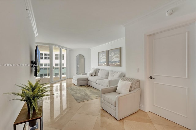 living room featuring floor to ceiling windows, light tile patterned floors, and crown molding