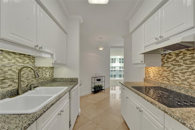 kitchen with premium range hood, sink, ornamental molding, and white cabinetry