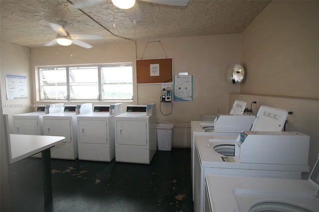 clothes washing area featuring ceiling fan, washer and dryer, and a textured ceiling