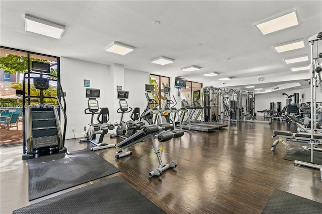 workout area with wood finished floors and floor to ceiling windows