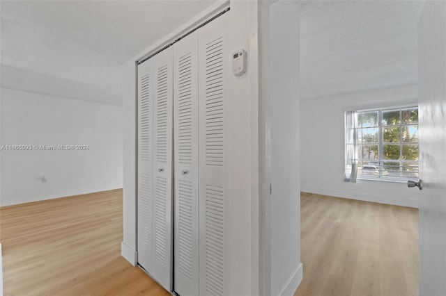 hallway with a textured ceiling and light hardwood / wood-style floors