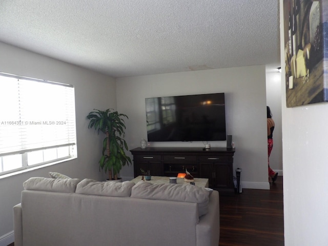 living room featuring a textured ceiling and dark wood-type flooring