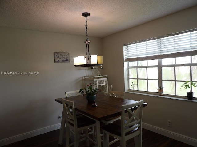 dining room featuring a textured ceiling and dark hardwood / wood-style floors