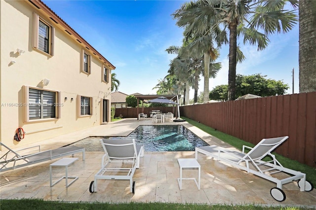 view of pool featuring a fenced backyard, a fenced in pool, and a patio