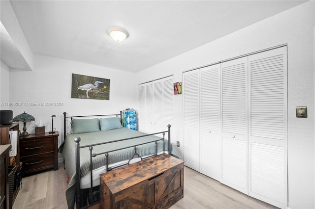 bedroom with light hardwood / wood-style flooring and two closets