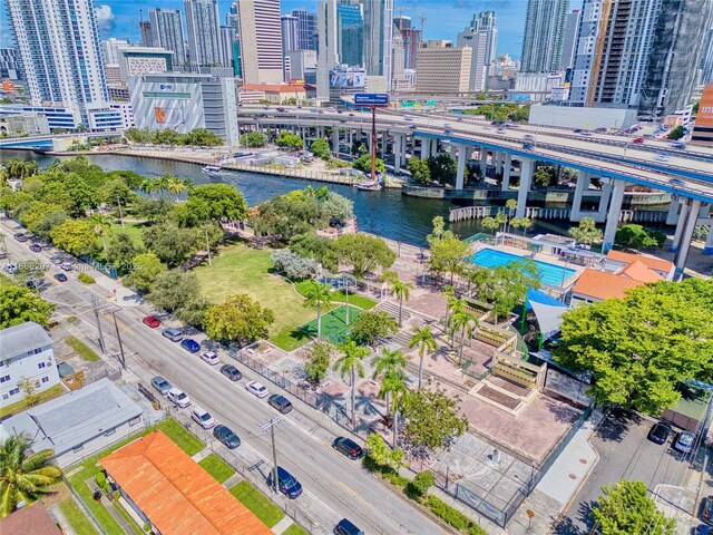 bird's eye view with a water view