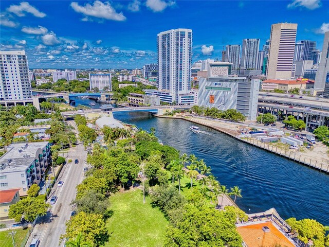 drone / aerial view with a water view