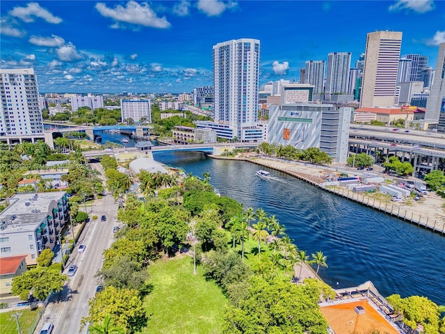 bird's eye view featuring a water view and a city view